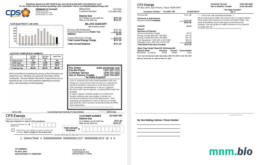 USA CPS ENERGY rachunek za usługi komunalne Word i szablon PDF